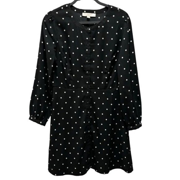 LOFT Womens  Petites Polka Dot Button-Front Dress Size 10P Black & White - Picture 1 of 9